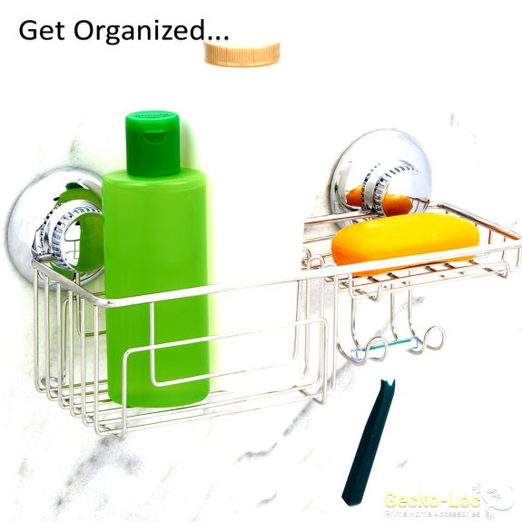Gecko-Loc Combo Shower Caddy Organizer vacuum suction cup mount metal  basket