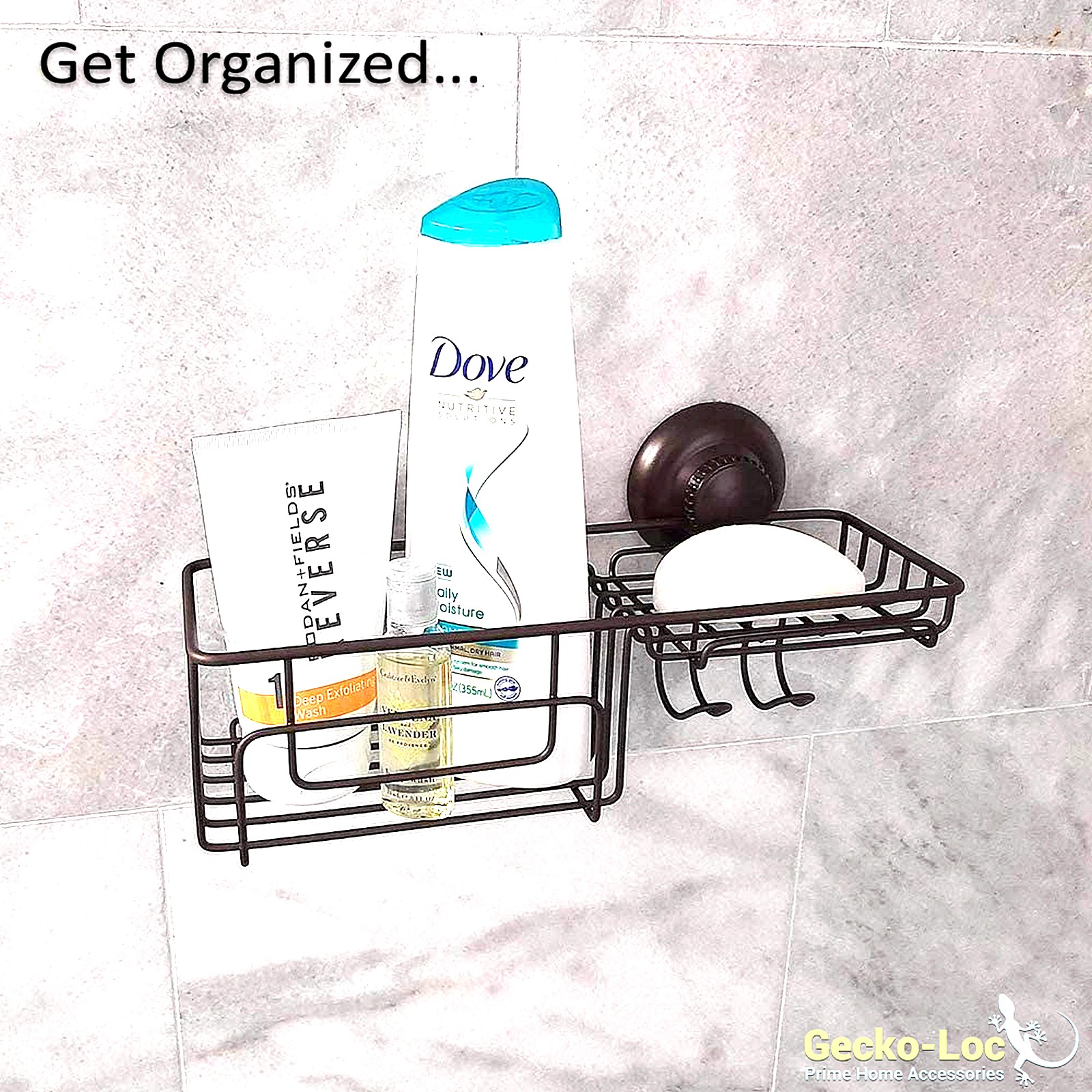 Gecko-Loc Suction Cup Shower Caddy Bath Organizer – Bathroom Storage Basket  (Black, Wide) – Gecko-Loc