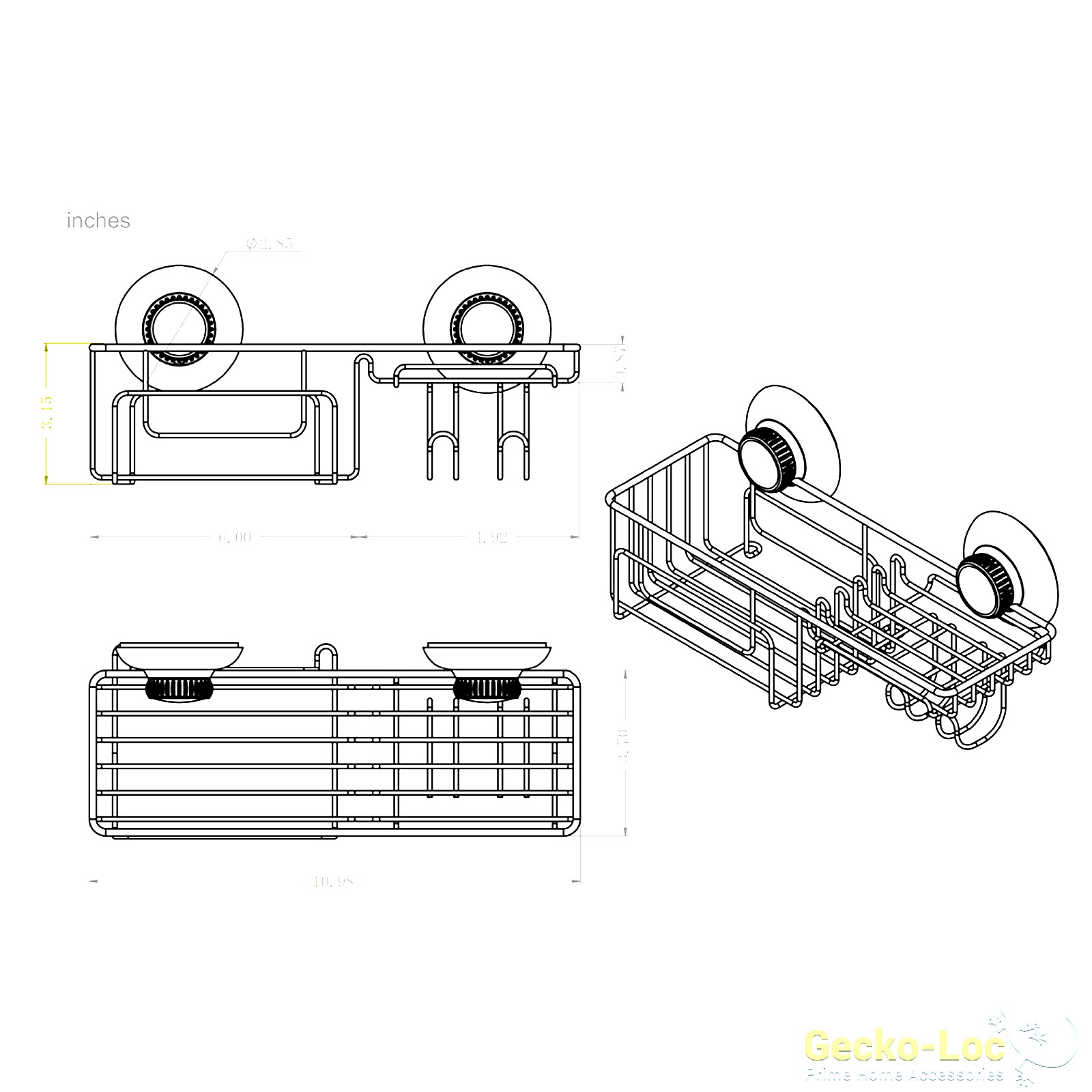 Gecko-Loc Suction Cup Shower Caddy Bath Organizer – Bathroom Storage Basket  (Silver, Deep) – Gecko-Loc
