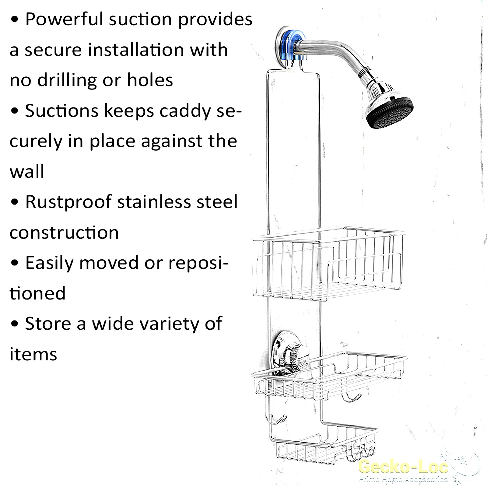 Gecko-Loc Extra Long Wide Adjustable Length Over The Showerhead Hanging Shower Caddy Organizer - Stainless Steel Bathroom Caddies Storage Rack Shelf