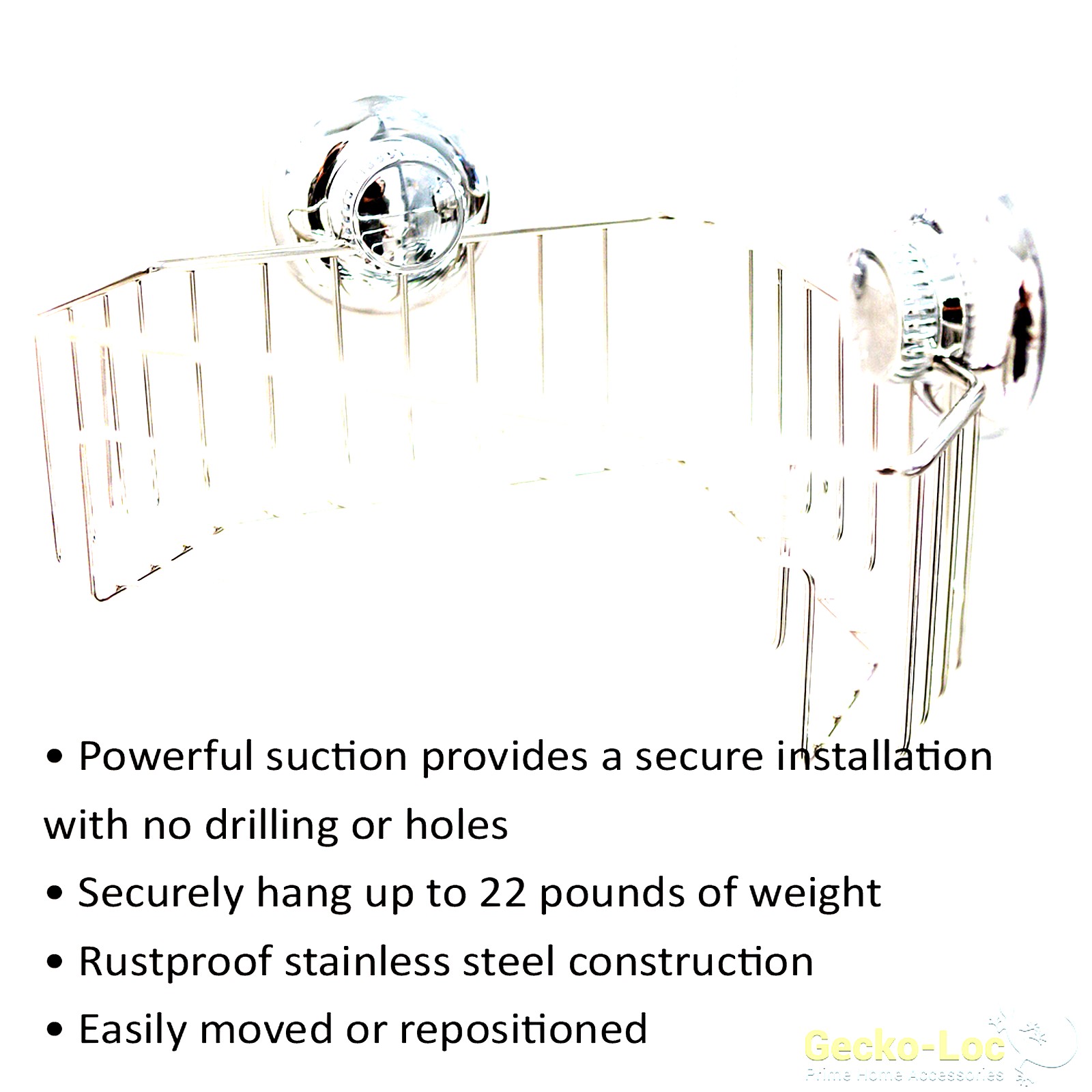 Gecko-Loc Black Heavy Duty Suction Cup Bathroom Storage Basket Shelf Shower Caddy Stainless Steel